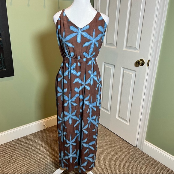 LOFT Sleeveless Jumpsuit with Blue Floral on Brown Size Large Petite Casual LN - Picture 1 of 11